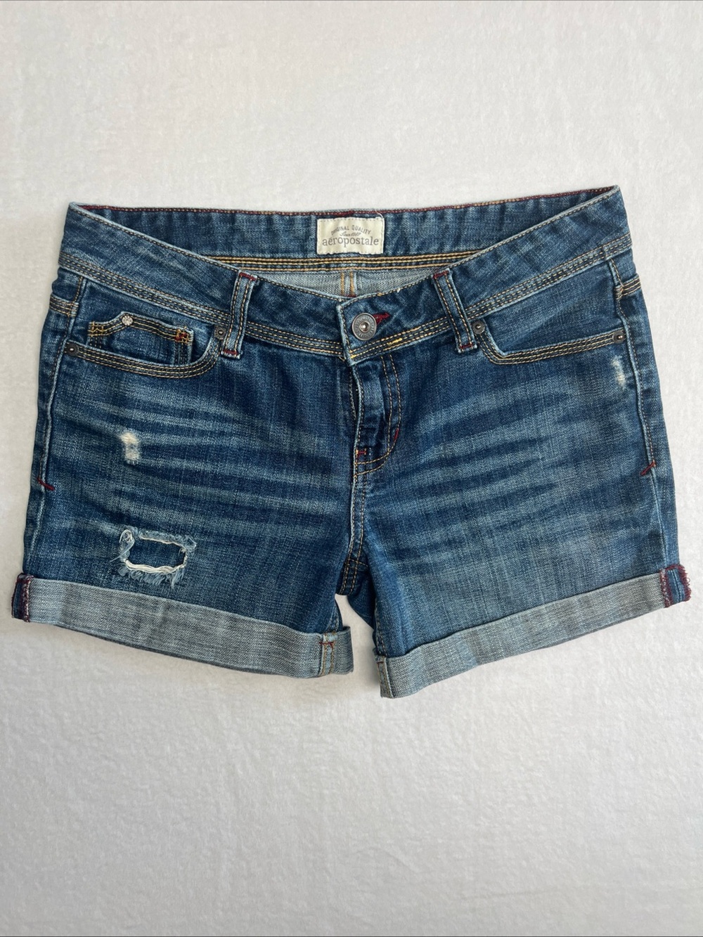 Aeropostale Women's Rolled Hem Distressed Denim Shorts - Blue Size 5/6